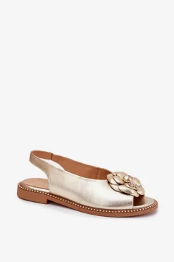 Skórzane Płaskie Sandały Z Ozdobą CheBello 4642 Złote