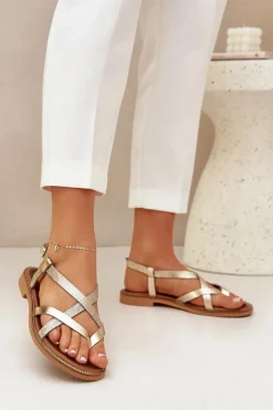 Skórzane Płaskie Sandały Z Przeplatającymi Się Paseczkami Zazoo 40429 Złote