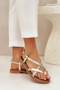 Skórzane Płaskie Sandały Z Przeplatającymi Się Paseczkami Zazoo 40429 Złote