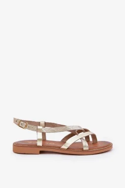 Skórzane Płaskie Sandały Z Przeplatającymi Się Paseczkami Zazoo 40429 Złote