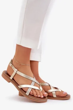 Skórzane Płaskie Sandały Z Przeplatającymi Się Paseczkami Zazoo 40429 Złote
