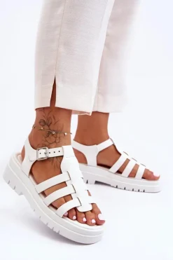 Skórzane Płaskie Sandały Z Paseczkami Białe Diosa