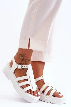 Skórzane Płaskie Sandały Z Paseczkami Białe Diosa