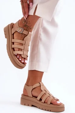 Skórzane Płaskie Sandały Z Paseczkami Beżowe Diosa