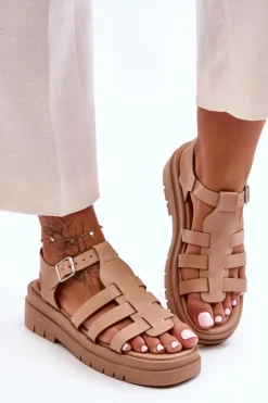 Skórzane Płaskie Sandały Z Paseczkami Beżowe Diosa