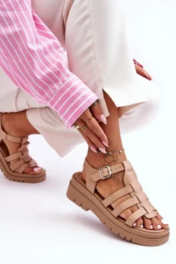 Skórzane Płaskie Sandały Z Paseczkami Beżowe Diosa