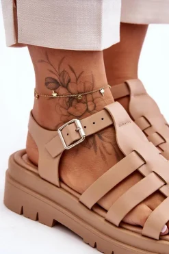 Skórzane Płaskie Sandały Z Paseczkami Beżowe Diosa