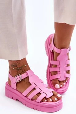 Skórzane Płaskie Sandały Z Paseczkami Różowe Diosa