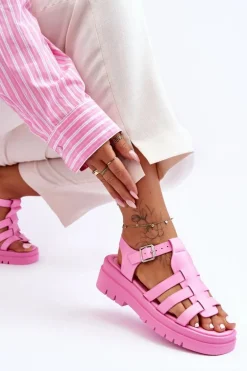 Skórzane Płaskie Sandały Z Paseczkami Różowe Diosa