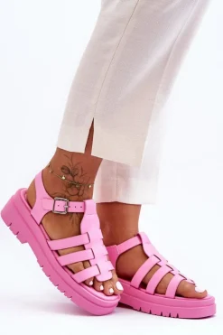 Skórzane Płaskie Sandały Z Paseczkami Różowe Diosa