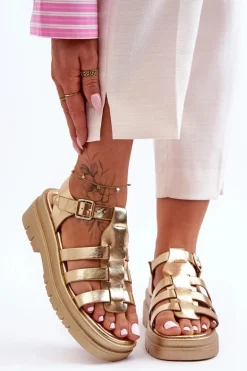 Skórzane Płaskie Sandały Z Paseczkami Złote Diosa