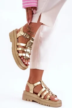 Skórzane Płaskie Sandały Z Paseczkami Złote Diosa