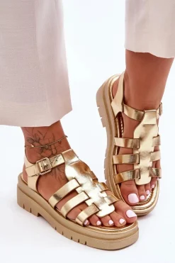 Skórzane Płaskie Sandały Z Paseczkami Złote Diosa