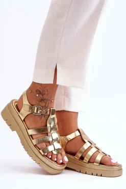 Skórzane Płaskie Sandały Z Paseczkami Złote Diosa