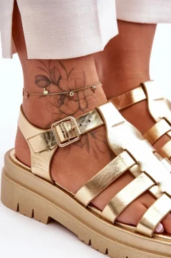 Skórzane Płaskie Sandały Z Paseczkami Złote Diosa