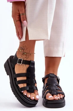 Skórzane Płaskie Sandały Z Paseczkami Czarne Diosa