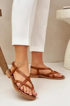 Skórzane Płaskie Sandały Z Przeplatającymi Się Paseczkami Zazoo 40429 Brązowe