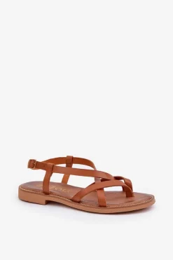 Skórzane Płaskie Sandały Z Przeplatającymi Się Paseczkami Zazoo 40429 Brązowe