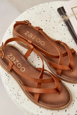 Skórzane Płaskie Sandały Z Przeplatającymi Się Paseczkami Zazoo 40429 Brązowe