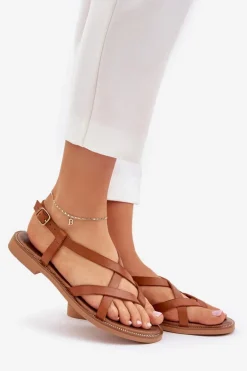 Skórzane Płaskie Sandały Z Przeplatającymi Się Paseczkami Zazoo 40429 Brązowe