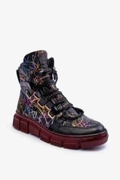 Skórzane Płaskie Sznurowane Botki Maciejka 06158-01 Czarne