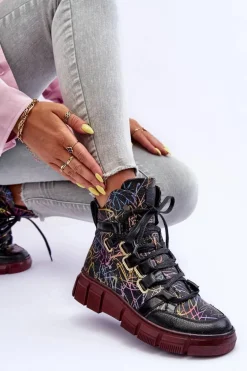 Skórzane Płaskie Sznurowane Botki Maciejka 06158-01 Czarne