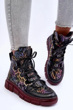 Skórzane Płaskie Sznurowane Botki Maciejka 06158-01 Czarne