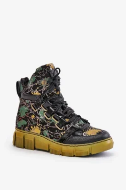 Skórzane Płaskie Sznurowane Botki Maciejka 06158-07 Żółto-Czarne