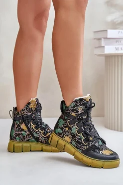 Skórzane Płaskie Sznurowane Botki Maciejka 06158-07 Żółto-Czarne