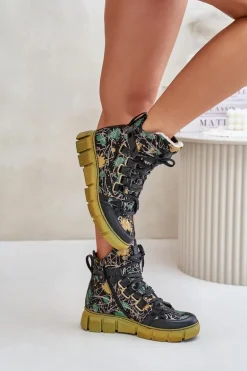 Skórzane Płaskie Sznurowane Botki Maciejka 06158-07 Żółto-Czarne