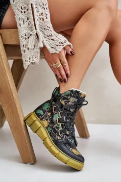 Skórzane Płaskie Sznurowane Botki Maciejka 06158-07 Żółto-Czarne