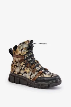 Skórzane Płaskie Sznurowane Botki Maciejka 06158-25 Złote