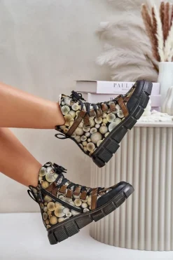 Skórzane Płaskie Sznurowane Botki Maciejka 06158-25 Złote