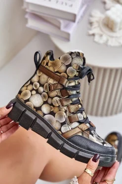 Skórzane Płaskie Sznurowane Botki Maciejka 06158-25 Złote