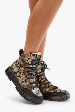 Skórzane Płaskie Sznurowane Botki Maciejka 06158-25 Złote