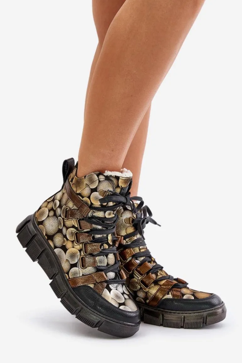 Skórzane Płaskie Sznurowane Botki Maciejka 06158-25 Złote