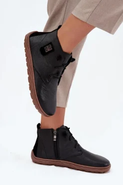 Skórzane Półbuty Barefoot Damskie Z Ozdobnym Detalem Zazoo 30072 Czarne