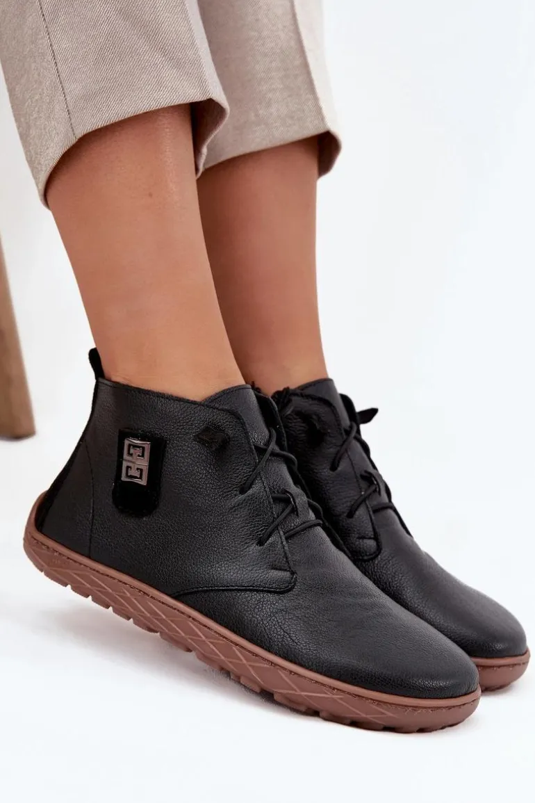 Skórzane Półbuty Barefoot Damskie Z Ozdobnym Detalem Zazoo 30072 Czarne