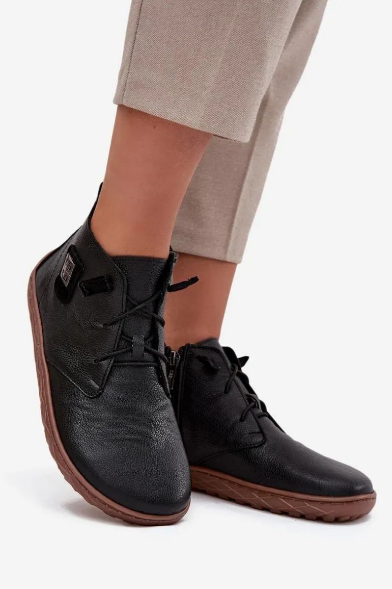 Skórzane Półbuty Barefoot Damskie Z Ozdobnym Detalem Zazoo 30072 Czarne