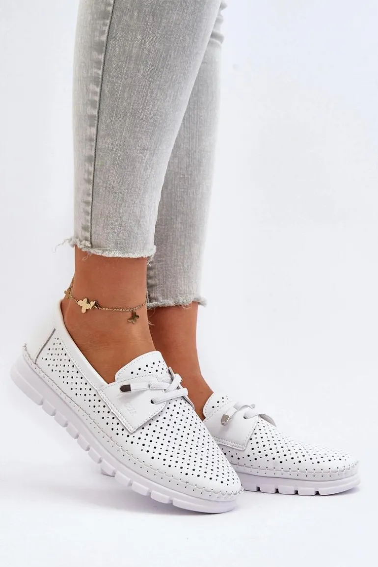 Skórzane Półbuty Damskie Ażurowe Białe Darnissa