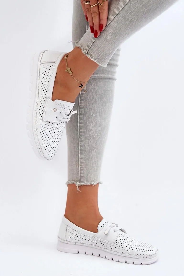 Skórzane Półbuty Damskie Ażurowe Białe Darnissa