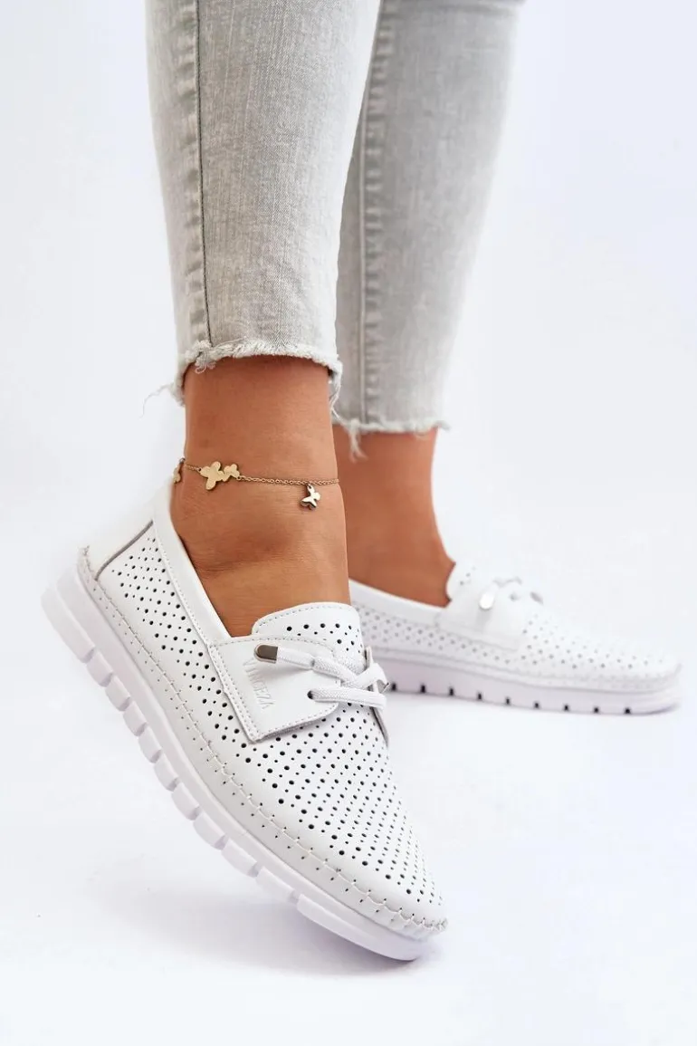 Skórzane Półbuty Damskie Ażurowe Białe Darnissa