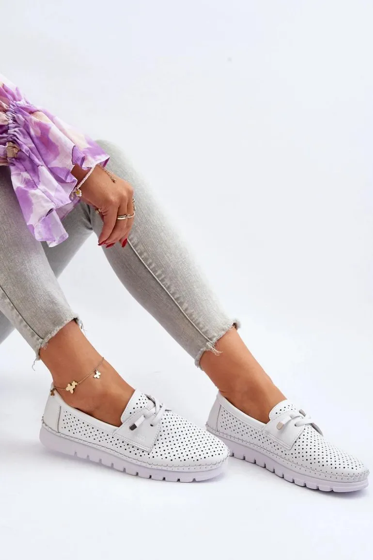 Skórzane Półbuty Damskie Ażurowe Białe Darnissa