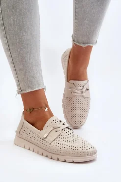 Skórzane Półbuty Damskie Ażurowe Beżowe Darnissa