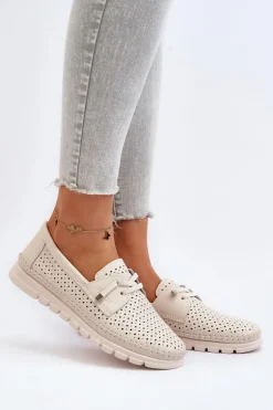 Skórzane Półbuty Damskie Ażurowe Beżowe Darnissa