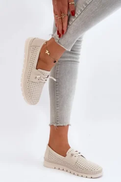 Skórzane Półbuty Damskie Ażurowe Beżowe Darnissa