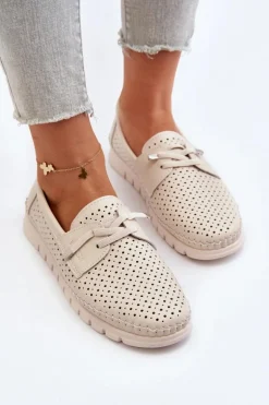 Skórzane Półbuty Damskie Ażurowe Beżowe Darnissa
