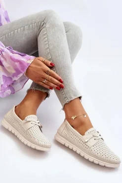 Skórzane Półbuty Damskie Ażurowe Beżowe Darnissa