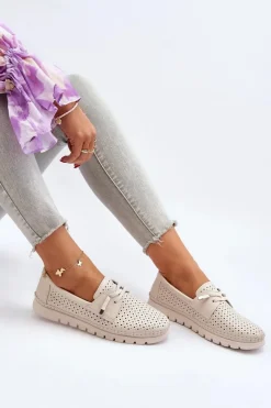 Skórzane Półbuty Damskie Ażurowe Beżowe Darnissa