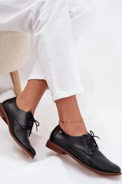 Skórzane Półbuty Damskie Eleganckie Sznurowane Zazoo 4238 Czarne